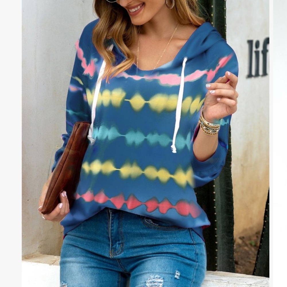 Blue Multicoloured Tie-Dye Stripe Hoodie, L
